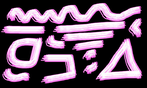 Abstract pink neon glowing brush strokes and geometric shapes collection isolated on black background