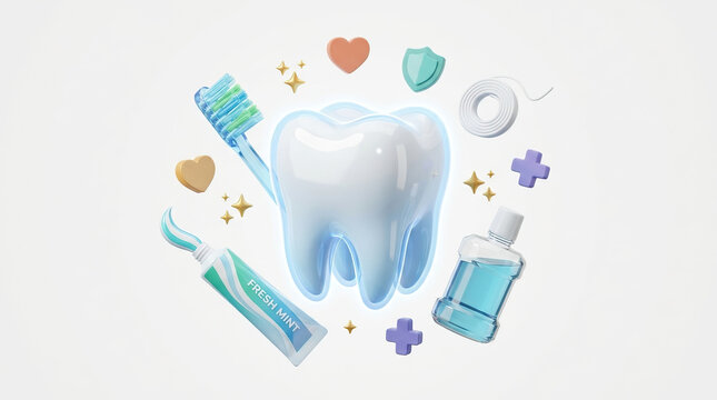 Tooth dental care toothbrush toothpaste mouthwash floss hygiene illustration