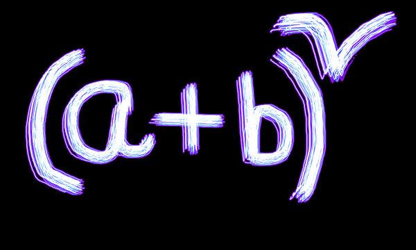 Abstract purple neon glowing algebra math formula and brackets isolated on black background. neon glowing neon sign