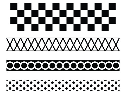 Geometric patterns borders with checkerboard circles and dots on white background in monochrome style