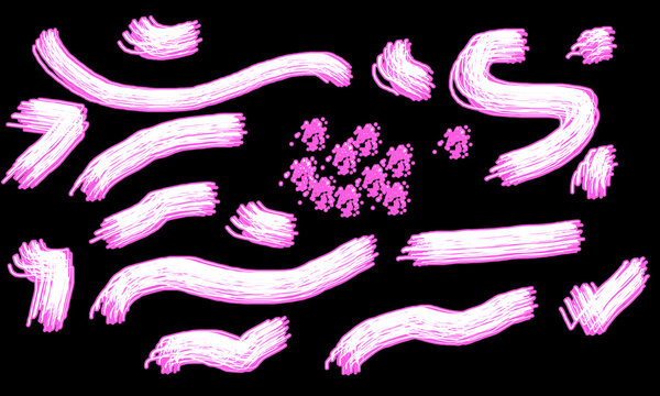 Abstract pink neon glowing brush strokes and splatters collection isolated on black background