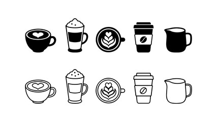 Obraz premium Coffee Drink Icon Set in Solid Silhouette and Linear Outline Style