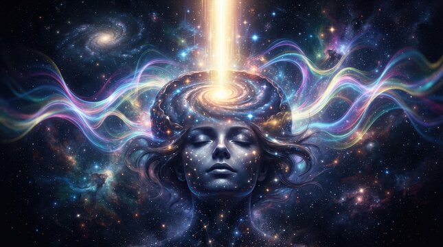 A serene woman&rsquo;s face is enveloped by a swirling, cosmic vortex.