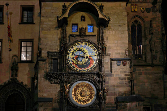 10th January, 2024, Czech Republic. Astronomical clock on a Prague building at night