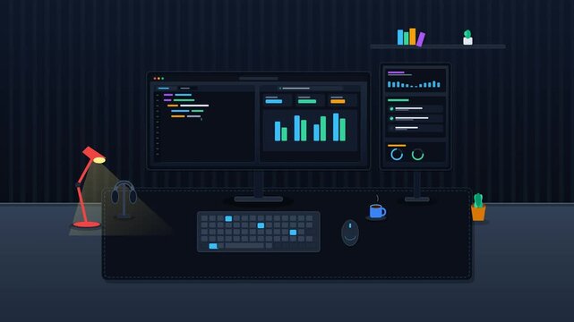 Developer Desk Setup with Dual Monitors Displaying Code and Data Analytics Dashboard Animation