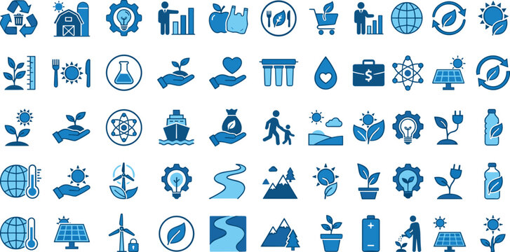 Ecology and environmental sustainability blue icon mega pack with recycling green energy solar panels wind power and nature symbols vector