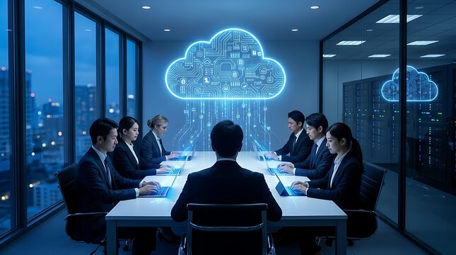 Business people collaborate around a table with laptops, facing a glowing digital cloud projection, symbolizing cloud computing and data technology in a modern boardroom.