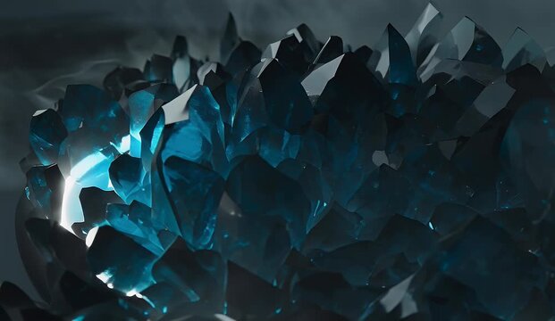 Jagged dark blue crystals emit a mysterious cyan glow within a smoky atmosphere