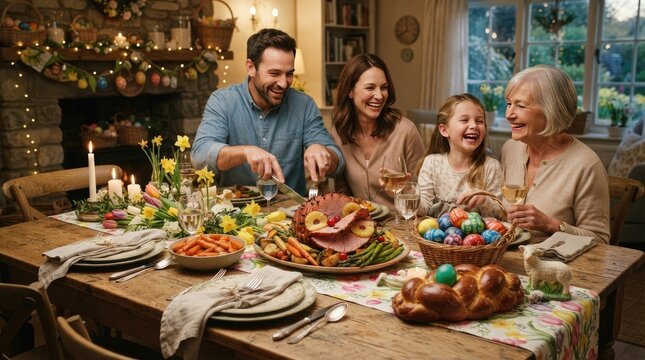 A happy family enjoys a festive Easter dinner together in a cozy, warmly lit dining room.