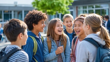 Obraz premium Happy students with backpacks laughing together outside school during a sunny daytime break