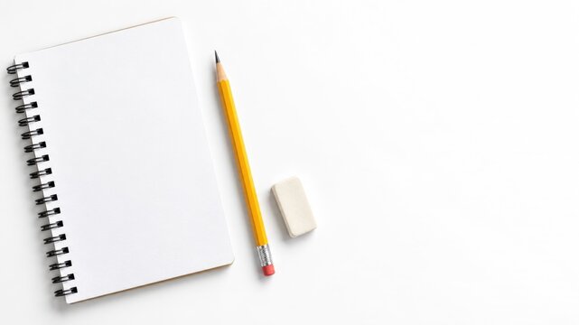 Blank spiral notebook with yellow pencil and eraser on white background with copy space