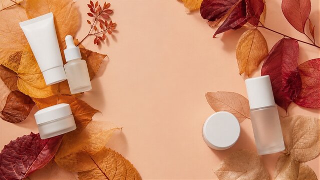 Blank cosmetic bottles with autumn leaves on beige background. Skincare product mock up for branding.