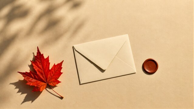 Blank paper envelope with wax seal and red autumn maple leaf on beige background.