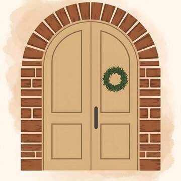 Elegant arched wooden double doors with brick archway and green wreath decoration