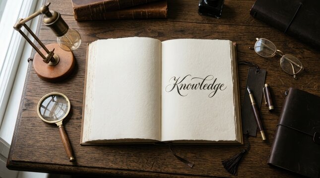 An aged open book rests upon a timeworn wooden table with old fashioned pens and delicate floral arrangements nearby