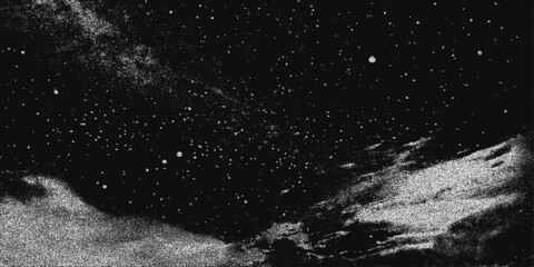 Fototapeta na wymiar Monochrome stipple night sky with dense star field, nebula haze and cosmic dust texture. Abstract celestial background for space posters, astronomy themes and print design. Vector illustration