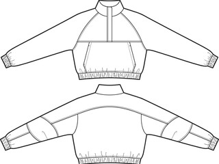 Women cropped pullover windbreaker jacket fashion flat technical drawing template with raglan sleeve front back view © MD