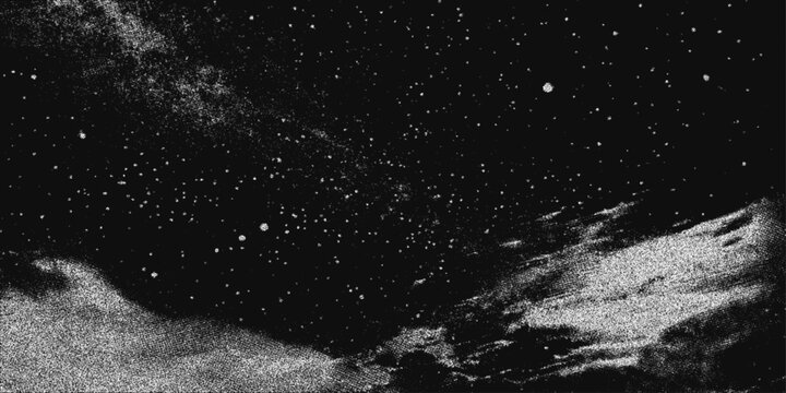 Monochrome stipple night sky with dense star field, nebula haze and cosmic dust texture. Abstract celestial background for space posters, astronomy themes and print design. Vector illustration