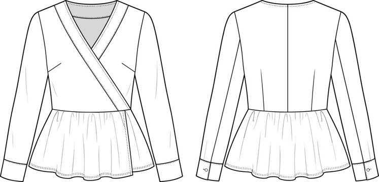 Flat sketch women long sleeve wrap peplum top with V-neckline and cuffs technical fashion illustration CAD