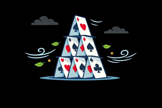 A stack of playing cards forming a pyramid shape on a dark background