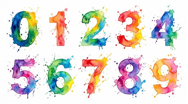 Watercolor Splash Numbers 0-9 &ndash; Vibrant Artistic Paint Digit Set with Splashes