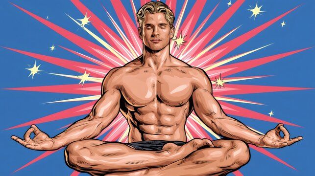 Muscular man meditating pop art comic style