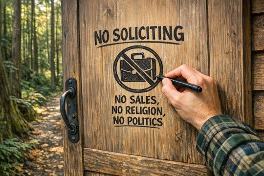 A person writing a no soliciting sign on a wooden door, a simple yet effective way to communicate boundaries