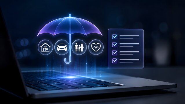 Glowing holographic umbrella projecting from laptop sheltering home auto family and health icons representing comprehensive digital insurance coverage