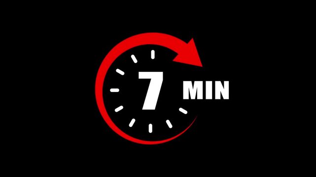 7 Minute Countdown Timer Animation with Circular Progress Indicator and Arrow. Circular timer icon indicating 7 minutes. 7 min clock icon animation for Time Management and Countdown Concepts.