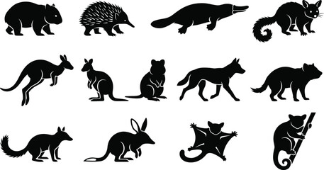 Obraz premium Australian Marsupial and Native Wildlife Silhouette Vector Collection with Animal Icon Set