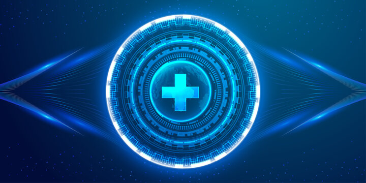 Medical technology background with glowing blue cross symbol and global health digital interface for healthcare.