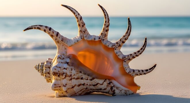 Exotic seashell resting on a sandy beach during a golden sunset with soft ocean waves in background