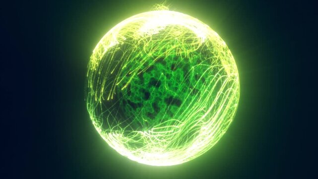 Glowing green energy sphere wrapped in luminous tangled light trails