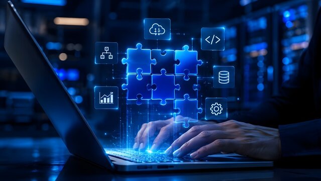 Developer working on laptop with glowing digital jigsaw puzzle and network icons representing software integration and complex system architecture