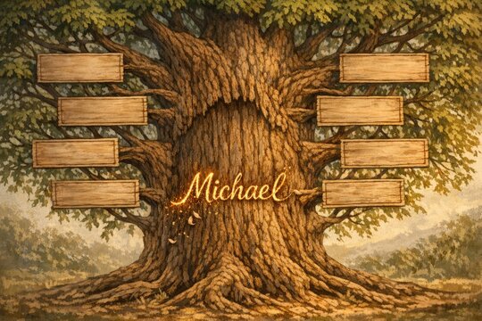 A tree with a family name engraved on its trunk, suitable for a nostalgic or heritage-themed project