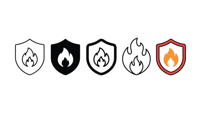 Set of shield and fire flame icons in various graphic design styles for protection concepts