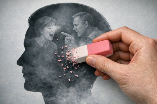Hand holding an eraser over a pencil drawing of a man's head
