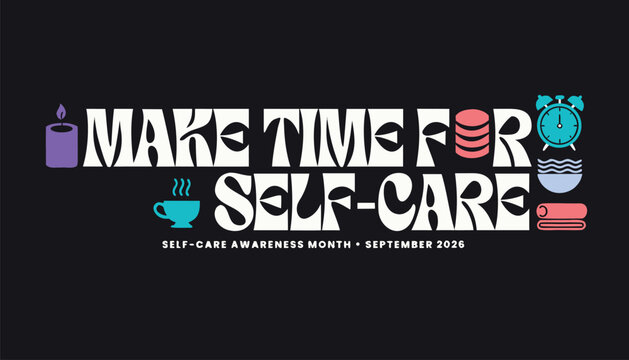 Vibrant self care typography poster design with colorful wellness lifestyle icons