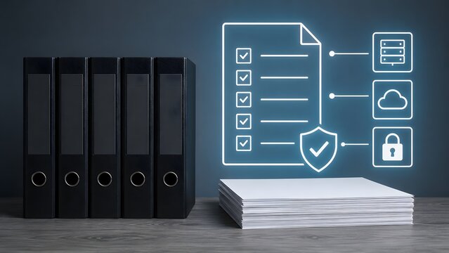 Digital document management system with glowing cloud storage and cybersecurity icons over physical office binders