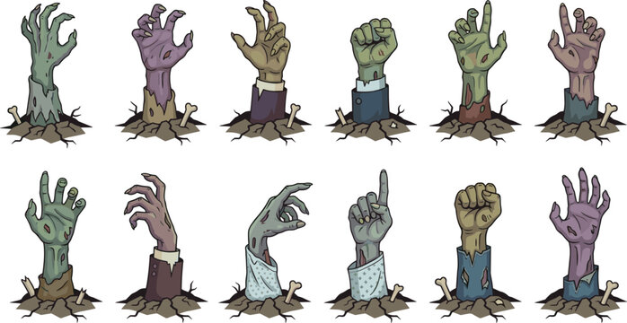 Set of colorful zombie hands, rising undead figures, scary grave arms, and vector Halloween elements