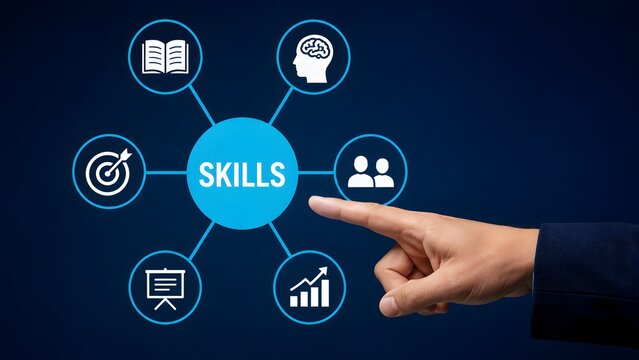 Professional skills development and corporate training concept with businessman pointing to digital competency network icons
