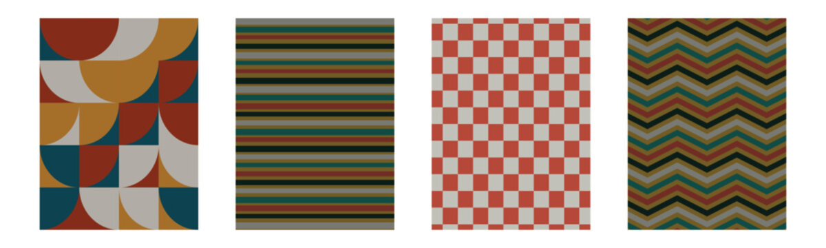 Set of four modern geometric patterns with retro color palette including stripes, checkers, semicircles and zigzags