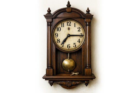 A traditional wooden clock mounted to the wall, featuring a swinging pendulum
