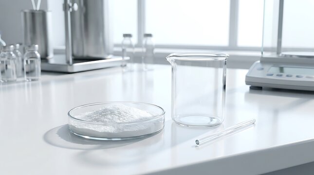 Glass petri dish with white powder and laboratory beaker on a clean white table in a bright lab room. allantoin 