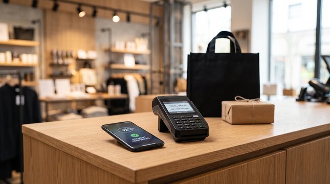 Modern payment terminal and smartphone on a wooden counter in a retail store.