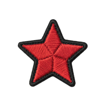 Red embroidered star patch with intricate red threads and black stitched outlines on a transparent background with soft shadows handcrafted emblem concept
