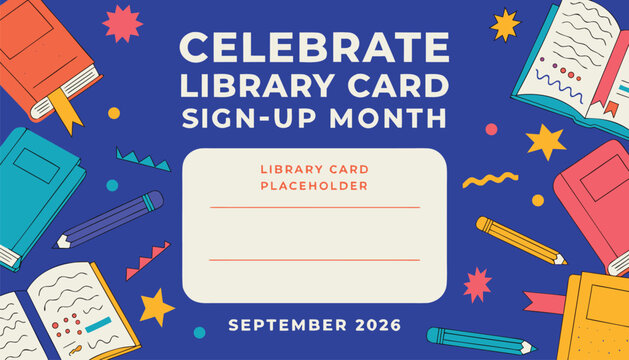 Colorful flat illustration celebrating national library card sign up month event