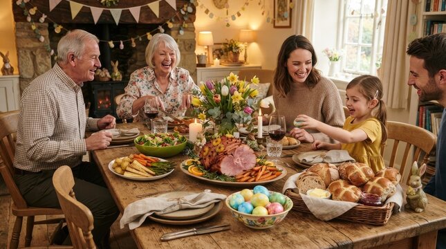 A multigenerational family enjoys a festive dinner together.