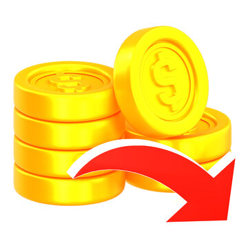 3D Golden Dollar Coins Stack with Red Down Arrow Representing Financial Loss and Market Crash
