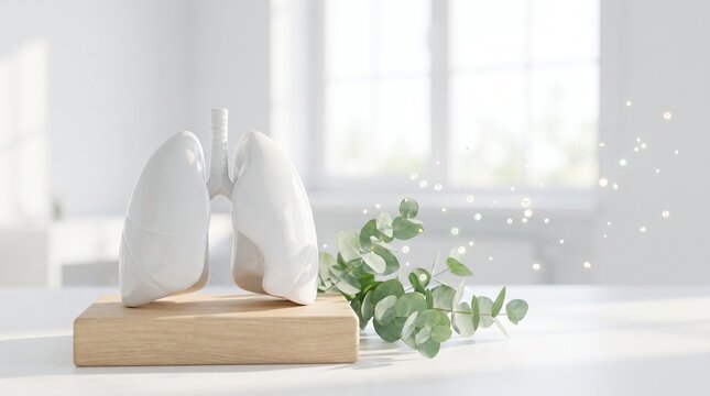 Healthy Lung Month Clean Air Concept with Green Leaves, Fresh Oxygen and Minimal Medical Elements